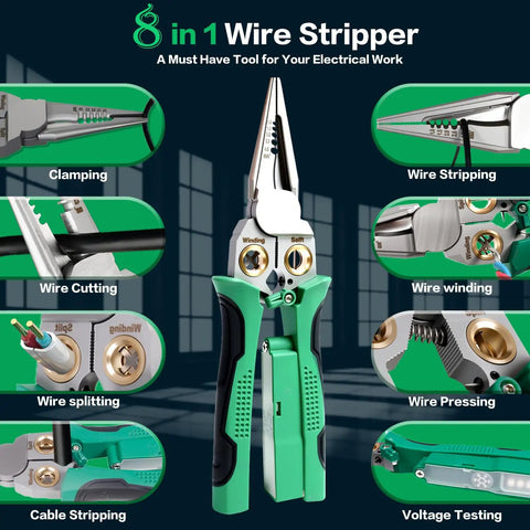 8-In-1 Wire Crimper Stripper With Voltage Tester And Dual Alarms, Heavy-Duty 12-250V AC DC Tester For Hot And Neutral Wires