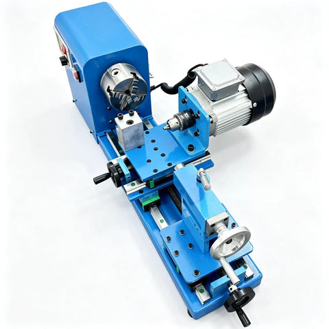 Techtongda Dual Motor Wood Lathe Combo With 750W Brushless Spindle And 450W Drilling Unit, blue metal construction, top view.