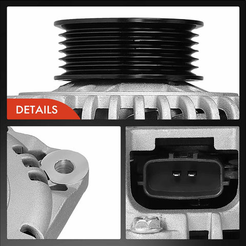 Close-up view of Alternator For 2001 Nissan Maxima And Infiniti I30 3.0L V6, 12V 100A With 6-Groove Pulley Clockwise Rotation.