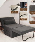 4 In 1 Sleeper Chair With Ottoman A Cozy Convertible Sofa Bed For Living Room Or Office, Dark Grey, showing bed mode with features inset.