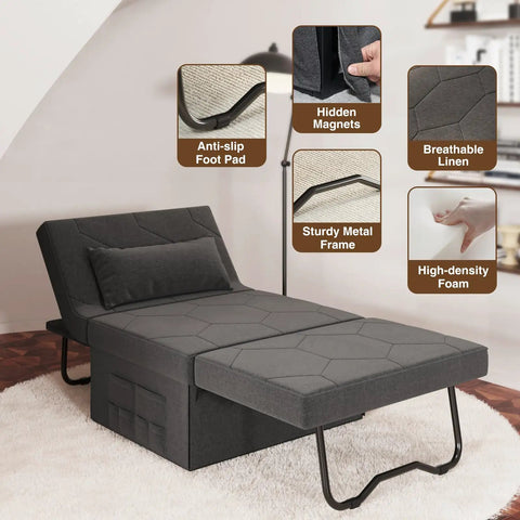 4 In 1 Sleeper Chair With Ottoman A Cozy Convertible Sofa Bed For Living Room Or Office, Dark Grey, showing bed mode with features inset.