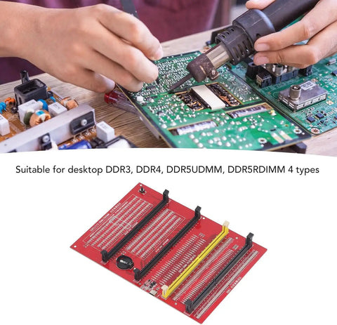 Close-up of No Sweat 4 In 1 Pro Ram Diagnostic Tester Card For DDR3 DDR4 DDR5 UDIMM RDIMM Motherboard Slot Analyzer Kit.