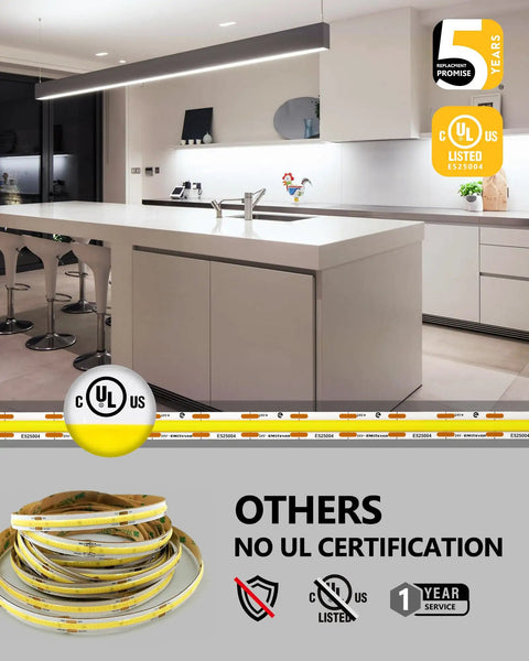 Cob LED Strip Lights Dope Cool White 32.8ft 5000K Ra 90 Plus High Density Tape in modern kitchen setup