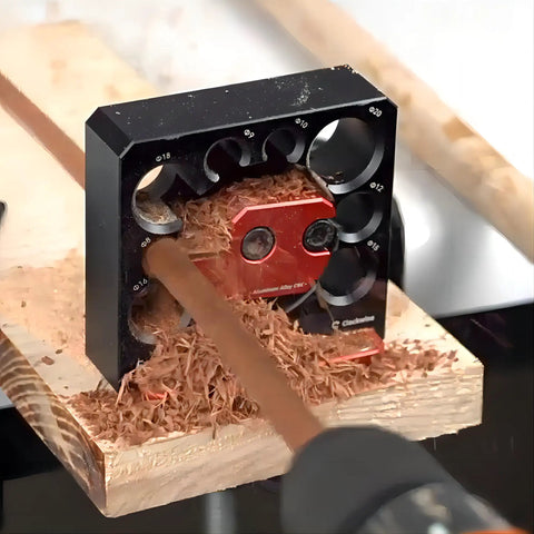 Heavy Duty Aluminum Adjustable Drill Dowel Jig With Carbide Cutter Bit For Sweet Round Profiles And Zero Hassle Woodshop Projects Quick Turn Knobs Covering Eight Through Twenty Millimeters, showing a dowel being drilled for precise woodworking.