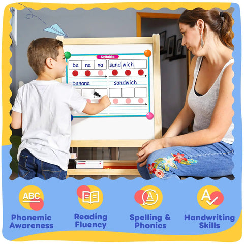 Child using Giant Phonics Dry Erase Cards Six Pack For Phonemic Awareness And Syllable Practice on classroom easel