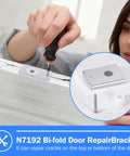 Person using 4-Pack Bi-Fold Door Pivot Repair Kit For Top Or Bottom Mount No-Sweat Heavy-Duty Stainless Steel Brackets on door