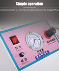Control panel of 680W Air Powered Corner Trimmer showing switch, barometer, and air pressure settings for woodworking.