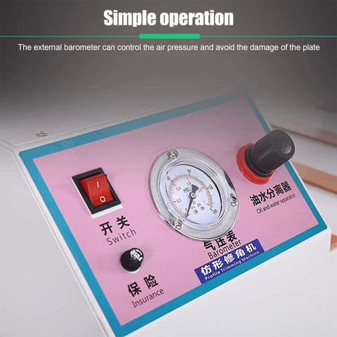 Control panel of 680W Air Powered Corner Trimmer showing switch, barometer, and air pressure settings for woodworking.
