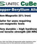 Unitec CuBe2 copper-beryllium alloy features non-magnetic properties, high tensile strength, safer for non-magnetic tool use.