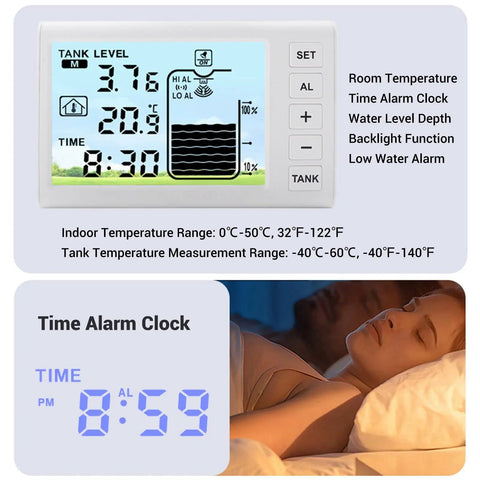 Wireless Water Level Sensor With Digital Display And 100 Meter Range 433MHz Transmitter IP65 Rated Tank Level Monitor, digital display with temperature and time.