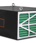 Remote Controlled Air Filtration System With Heavy Duty, Industrial Strength Performance, Three Speed Settings Deliver 556 CFM, 702 CFM, And 1044 CFM, Includes 1 Micron Filter And 5 Micron Pre Filter, Covers Up To 1000 Sq Ft, Quiet 63 To 68 dB showing green filters and remote