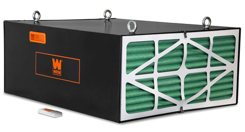Remote Controlled Air Filtration System With Heavy Duty, Industrial Strength Performance, Three Speed Settings Deliver 556 CFM, 702 CFM, And 1044 CFM, Includes 1 Micron Filter And 5 Micron Pre Filter, Covers Up To 1000 Sq Ft, Quiet 63 To 68 dB showing green filters and remote