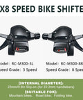 Dope 8 Speed Bike Shifter Lever Set For 3x8 Drivetrain, displaying left and right shifters with model numbers RC-M300-3L and RC-M300-8R