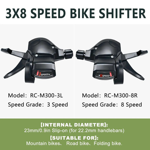 Dope 8 Speed Bike Shifter Lever Set For 3x8 Drivetrain, displaying left and right shifters with model numbers RC-M300-3L and RC-M300-8R