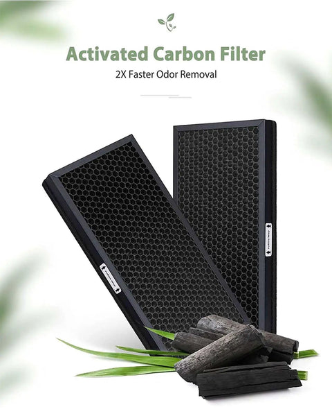 Replacement Filter For 40 White And Black Air Purifiers With Ultra Fine Nonwoven Fabric That Seriously Captures Wildfire Smoke Dust Pollen Pet Dander And Odor Control 2 Pack, showing activated carbon filter and charcoal pieces.