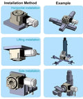 Installation methods for Top Shelf High Precision Rotary Platform Indexing Plate Motor Gearbox for CNC setup, showcasing horizontal, lifting, and side installations.