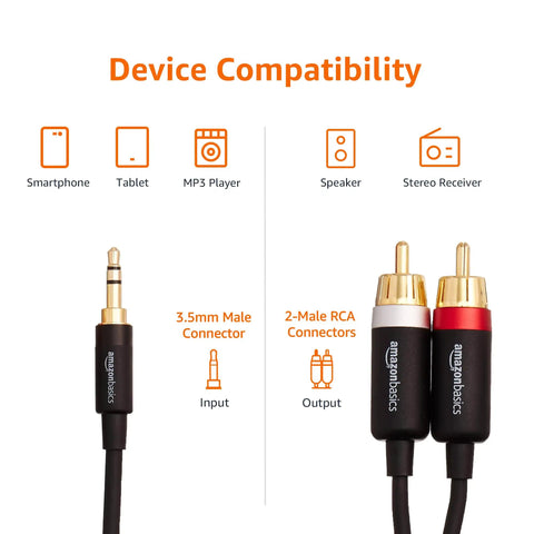 3.5mm Stereo To Dual RCA Audio Cable Adapter With Gold Plated Plugs, 4 Feet Long, for smartphone to speaker connection