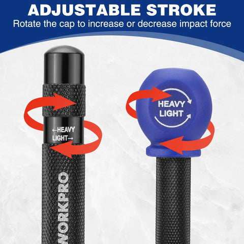 WORKPRO 2-piece automatic center punch set; knurled metal bodies, one with black top and one with blue cap