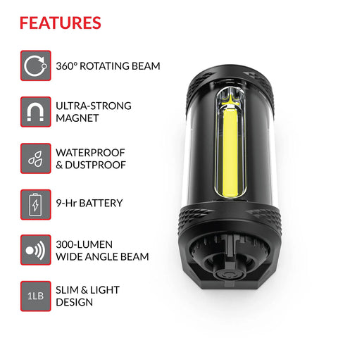 Ultra Portable Flood Light With Rotating Beam 350 Lumen Rechargeable LED Cordless Work Light Magnetic Base IPX4 Waterproof features