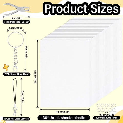 161 Piece Shrink Plastic Keychain Making Kit With 30 Sheets, Includes Hole Punch, 20 Lobster Clasps, 100 Jump Rings, 10 Lanyards