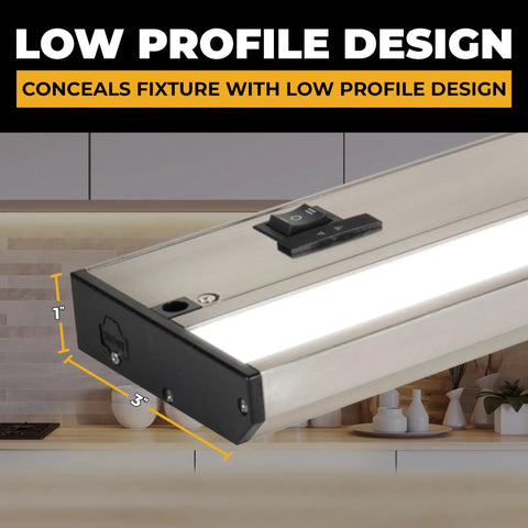 Under Cabinet Lighting Kit 24 Inch Satin Finish With 3 CCT Dimmable Options in low profile design over kitchen workspace.