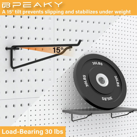 Heavy Duty Black Pegboard Shelf Holders For Thin Metal Walls Four Pack Storage Rack Eight By Sixteen Inch Display Hooks Tough As Nails Garage Organization System Is A Real Winner with 30 lbs load-bearing hooks.