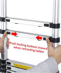 8.5FT Telescoping Aluminum Ladder With EN131 Standards, Heavy Duty Extension Ladder For Home And Outdoor Use, Lightweight, Adjustable Height, Safe Locking Rungs, 330 Pound Load Capacity, Durable Aluminum Build, retracting latch close-up