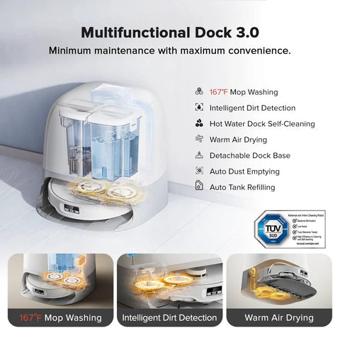 Zero Tangling Brushes Robot Vacuum And Mop With Self Cleaning Dock 18,500 Pa Suction showing dock features and intelligence