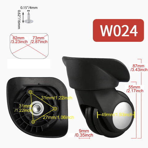 Luggage wheel set - two Amazon BQLZR black plastic spinner casters for suitcases with 3-hole mounts, 360° rotation