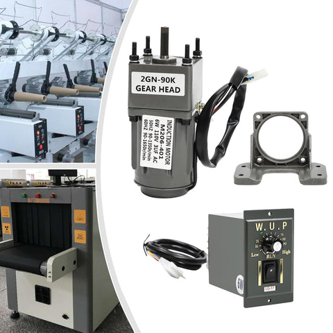 High Torque AC Gear Motor 6W 110V With Variable Speed Controller and bracket shown with industrial machinery application.