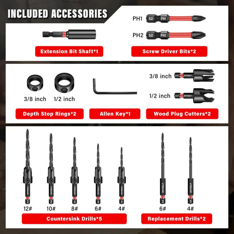 15 Piece Countersink Drill Bit Set For Woodworking M2 HSS Tapered Bits With Wood Plug Cutters and Accessories Display