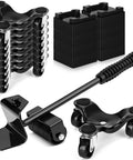 Heavy Duty 17 Piece Furniture Moving Dolly Set includes eight 3 wheel steel tri dollies and a crowbar for moving furniture.