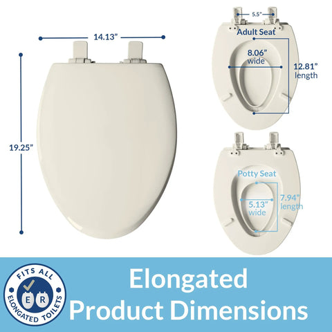 Diagrams of NextStep2 Toilet Seat With Built In Toddler Potty Training Seat Slow Close Easy Clean Elongated Biscuit color dimensions.