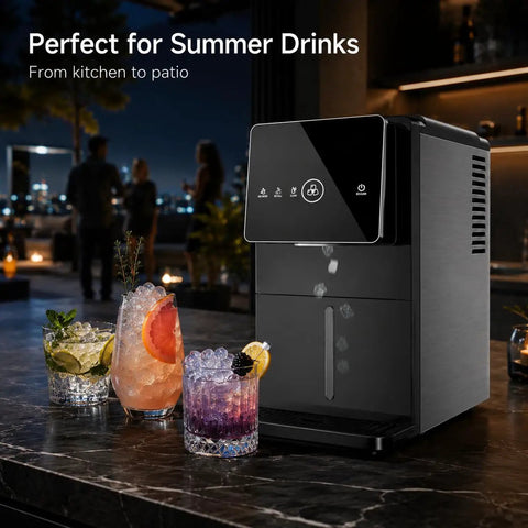 Countertop Nugget Ice Machine 33 Lbs Quick Freeze Cycle Producing Soft Chewable Squares With Hassle Free Push Button Start Self Drain Unit Brushed Steel Finish, featuring stylish drinks.