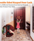 Child reaching for Keyless Entry Digital Door Lock With Dual Keypad, Front Door And Gate Lock For Outdoor Fence, black color.