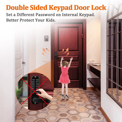 Child reaching for Keyless Entry Digital Door Lock With Dual Keypad, Front Door And Gate Lock For Outdoor Fence, black color.