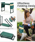Garden Kneeler And Seat 2 In 1 Folding Gardening Stool With EVA Foam Pad And Heavy Duty Metal Frame Portable Bench With Detachable Tool Bags in use and folded