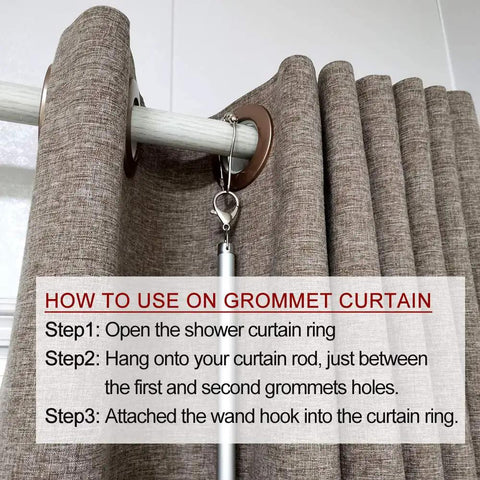 Close-up of curtain with Two Pack 36 Inch Universal Drapery Pull Rods InvisiClear Curtain Wand attached in use, with instructions.
