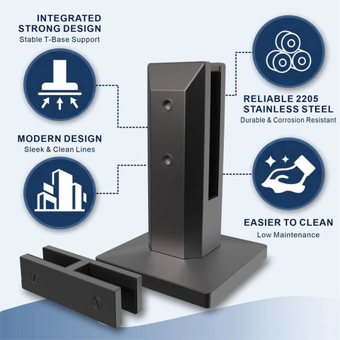 Heavy Duty Six Panel Frameless Tempered Glass Deck Railing Kit With Complete 2205 Stainless Steel Mounting Hardware shows a black stainless steel post and base.
