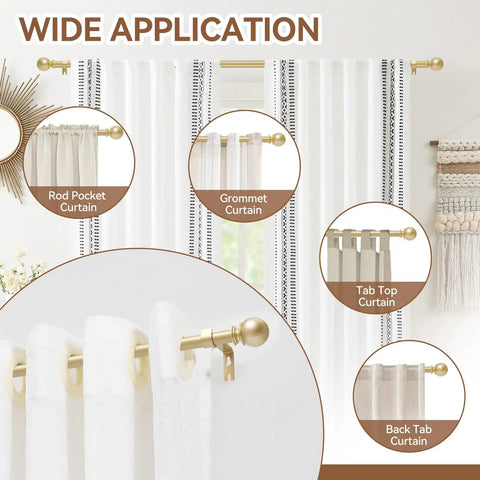 Gold Curtain Rod For Windows 28 To 48 Inch Five Eighths Inch Diameter Heavy Duty Splicing Adjustable Rod With Brackets Easy To Install showing various curtain styles like rod pocket, grommet, tab top, and back tab.