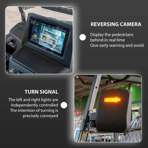 Reversing camera and turn signal on Sleek Black 4-Seater Electric Golf Cart With Raised Stance, Heavy Duty Shocks, Plug And Play Charging, Flex Cargo Trunk, 44 Mile Range Weekend Warrior Build For Parks And Hotel Runs.