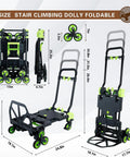 Diagram of Two-In-One Portable Stair Climbing Dolly With Retractable Handle, 330 Lb Dolly Cart On Wheels For Stairs And Flat Surfaces, Foldable Hand Truck For Home, Warehouse, Supermarket, And Camping, Green showcasing dimensions and features.