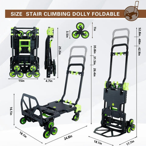 Diagram of Two-In-One Portable Stair Climbing Dolly With Retractable Handle, 330 Lb Dolly Cart On Wheels For Stairs And Flat Surfaces, Foldable Hand Truck For Home, Warehouse, Supermarket, And Camping, Green showcasing dimensions and features.