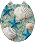 Round Resin Toilet Seat for Bathroom with seashell and starfish design, colorful beads, dimensions suitable for various toilets.