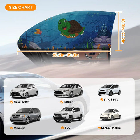 Two Pack Ocean Blue Window Sun Shades For Cars Breathable Spandex UV Protection Baby Window Covers size chart, compatible cars shown
