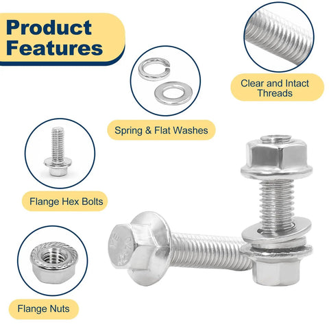 3/8-16 Stainless Steel Flange Bolts Kit, 112 Pieces displayed with washers and serrated flange nuts, showcasing clear threads