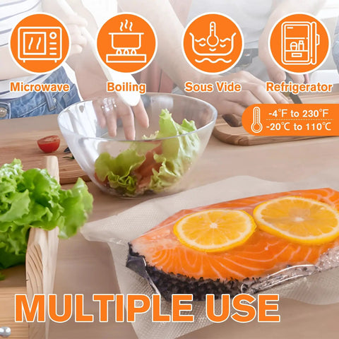 Pro Grade Precut Quart Vacuum Sealer Bags for Food, BPA Free 8 By 12 Inch, shown with salmon and salad preparation