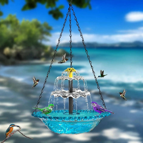 Hanging Bird Bath Fountain With Cascade Flow Solar Powered No Wires Needed Easy Setup For Outdoor Gardens Blue Bird Bath