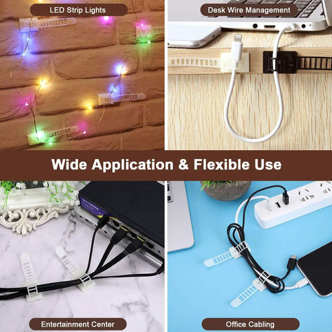 Collage of Adhesive Cable Clips and Zip Ties Kit used for LED lights, desk, entertainment, and office wire management.