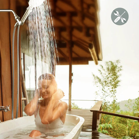Woman enjoying High Pressure Kickin Rain Shower Head With Handheld Unit 4.5 Inch Shower Head Three Settings in outdoor bath.